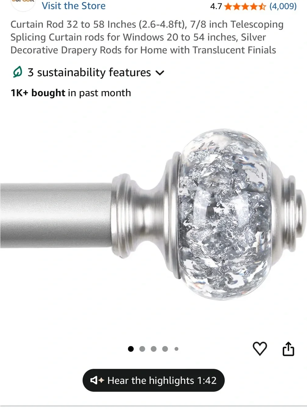 Silver Curtain Rod with Clear Crackle Glass Finial